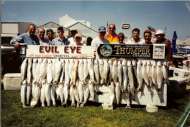 Evil Eye Charter and Thumper Charter fishermen stand behind a large catch of Lake Erie Steelhead.