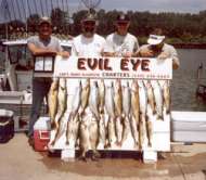 Four fishing buddies pose with a mixed bag of fish.